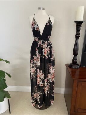 Mind Code Black Dress with Pink and Cream flowers